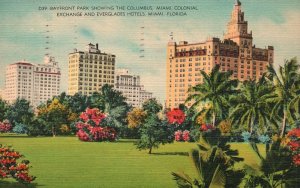 Postcard 1942 Bayfront Park Columbus Colonial Exchange Everglades Hotels Florida