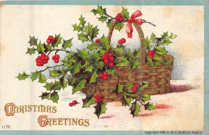 Christmas Greetings 1908 Embossed Postcard Basket Full of Holly