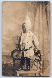 Cute Little Girl Postcard RPPC Photo Standing On Wicker Chair Studio c1910's