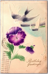 1913 Birthday Greetings Embossed Flowers Bird Seascape Posted Postcard