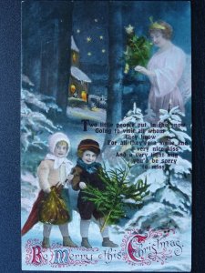 BE MERRY THIS CHRISTMAS Little Girl & Boy OUT IN THE SNOW - Old Postcard