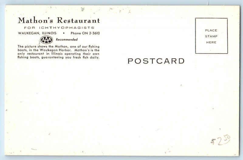 Waukegan Illinois IL Postcard Mathon's Restaurant Ichthyophagists c1940 Vintage