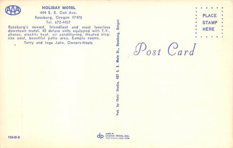 Holiday Motel Roseburg, Oregon OR Postcard