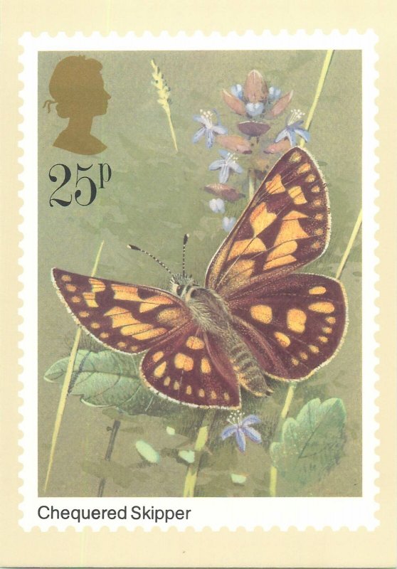 British stamp on Postcard Butterflies Chequered Skipper by Gordon Beningfield
