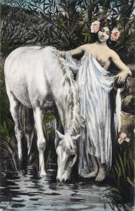Legend of Bagnoles decorative panel by Dutriac white horse France art postcard