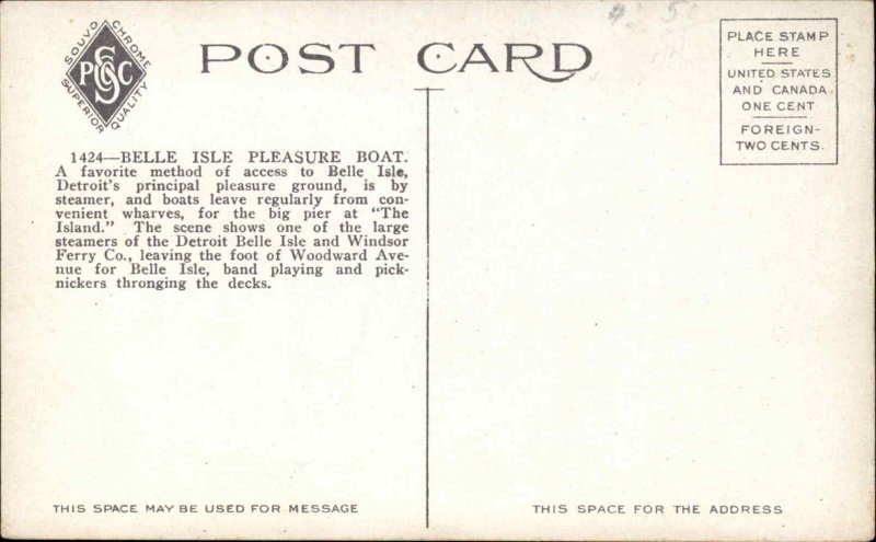 DETROIT MI Belle Isle Steamer Steamship c1910 Postcard