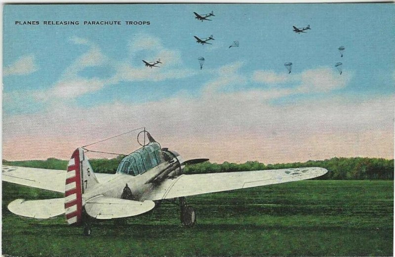 Vintage Postcard, Planes relearning Parachute Troops. Linen