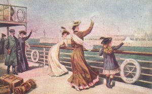 Vintage Postcard Families on Boat Royal Costume Kid Ocean Transport Bon Voyage