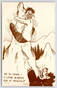 RPPC F Zinn Comic~Came To The West For My Health But Bear Chased Me Up Mountain