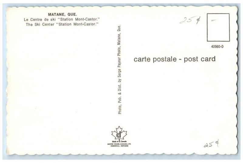 c1950's The Ski Center Station Mont-Castor Matane Quebec Canada Postcard