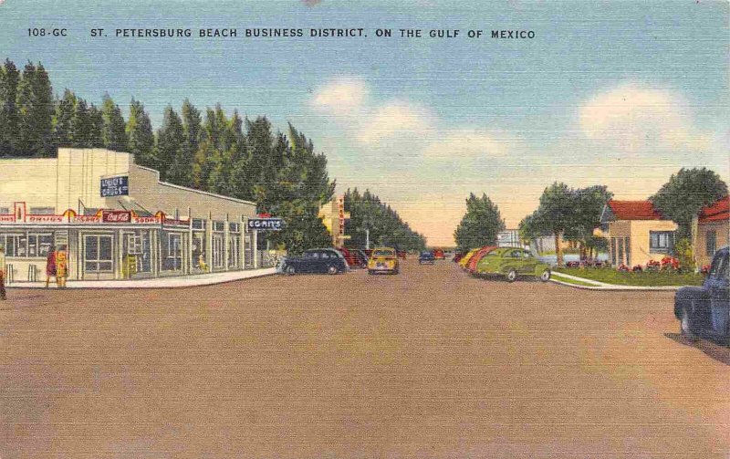 Street Scene Business Drug Store St Petersburg Beach Florida linen postcard