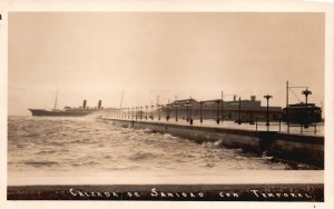 Vintage Postcard Real Photo Calzada De Sanidad Con Temporal Port Ship Boat RPPC