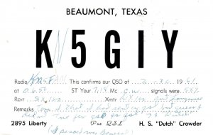 VINTAGE POSTCARD QSL CARD HAM RADIO CALLING K5GIY BEAUMONT TEXAS 1961