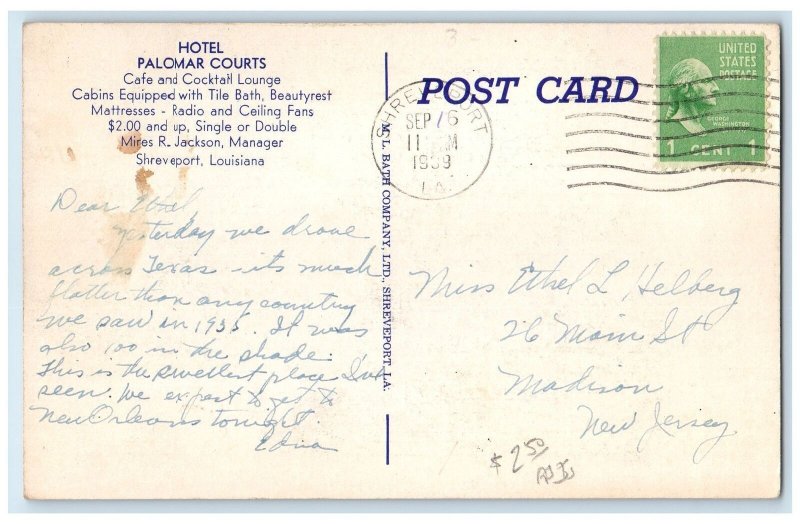 1959 Hotel Palomar Courts Exterior Roadside Shreveport Louisiana LA Postcard