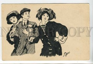 443895 Russia MOLLWO Dandy & two Ladies CARICATURE HAND PAINTED postcard INK