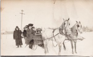 People in Sleigh Carriage White Horse Drawn Winter Snow RPPC Postcard H50