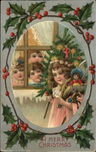 Christmas Children See Angel Child at Window 1908 Used Postcard