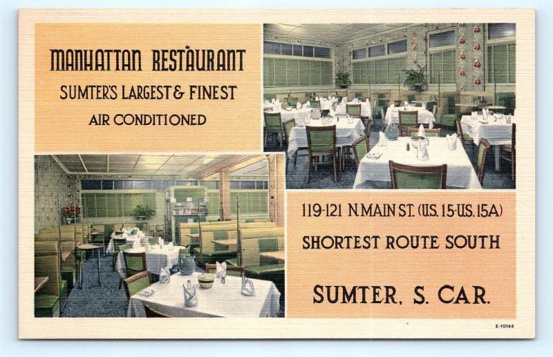 Postcard SC Sumter Manhattan Restaurant Interior Multiview Vintage Linen I7