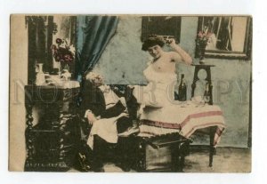 493111 BROTHEL Drunken Old Man & Smoking NUDE girl on Table Vintage postcard