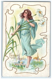 1914 Easter Joys Pretty Woman Holding Lily Flowers Embossed Antique Postcard