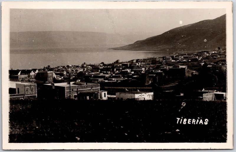 Tiberias Sea of Galilee Israel Buildings and Mountain Real Photo RPPC Postcard