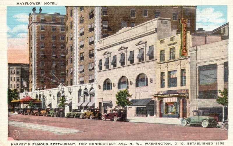 Vintage Postcard 1938 Mayflower Hotel Harvey's Famous Restaurant Washington D.C.