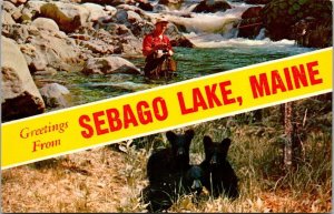 Greetings From Sebago Lake Maine Split View Fishing Scene and Bears