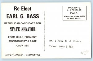 Tabor Iowa Postcard Re-Elect Earl G Bass State Senator Republican Candidate 1960