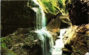 Rainbow Falls Triple Cascade Watkings Glen State Park New York NY Postcard VTG 