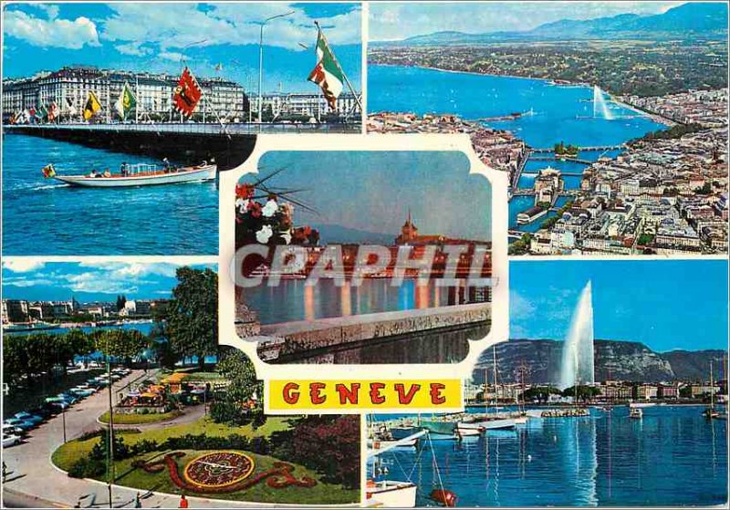 Modern Postcard Geneve Mont Blanc Bridge Aerial view the flower clock and ang...