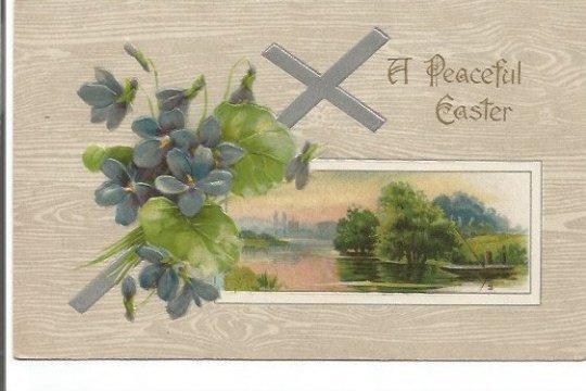 Purple Violets and Silver Cross Overlay Peaceful Lake Scene Vintage Postcard