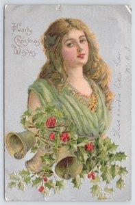Christmas~Lovely Blond Haired Lady In Green~3 Bells~Holly~Silver~Emb~1908 UDB PC