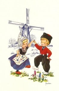 Dutch couple dancing. Windmill Nice modern Dutch art postcard