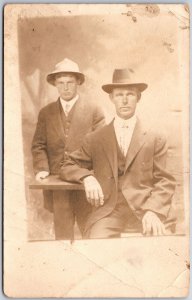 Two Men Wearing Suit & Hat, Portrait, Black & White, Photograph, RPPC, Postcard