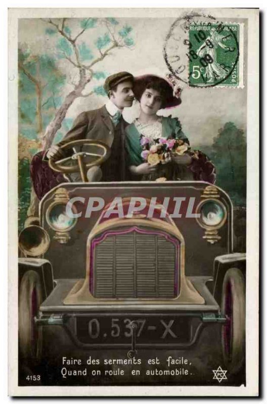 Old Postcard Fantasy Couple Making oaths is easy (car woman)