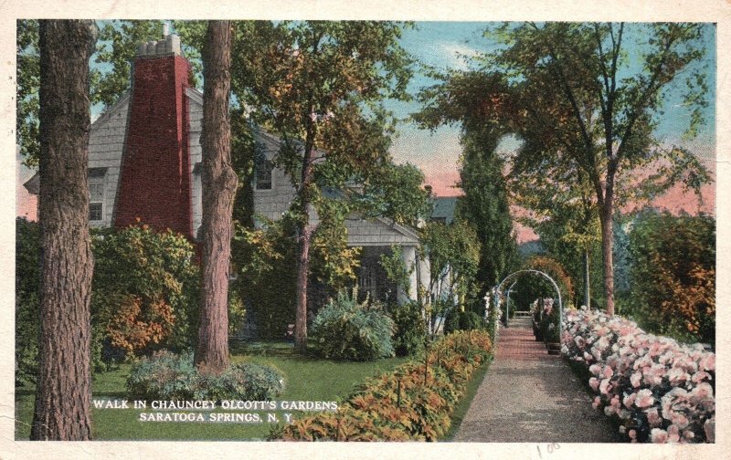 Saratoga Springs New York, 1920 Walk Chauncey Olcott's Gardens Vintage Postcard