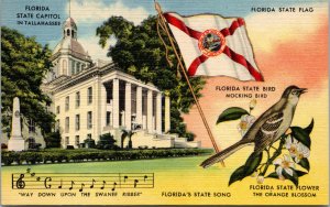 Vtg 1950s Florida State Capitol Flag Bird Song Flower Unused Linen Postcard