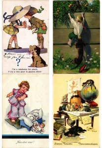 CHILDEN WITH DOGS ARTIST SIGNED HUMOR, 108 Vintage Postcards (L6228)