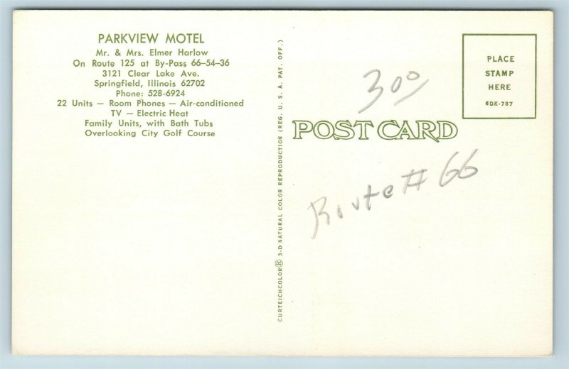 Postcard IL Illinois Springfield Parkview Motel Vintage Route 66 AG15