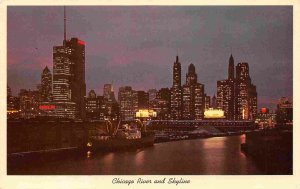 Chicago River & Skyline Night Illinois 1960s postcard