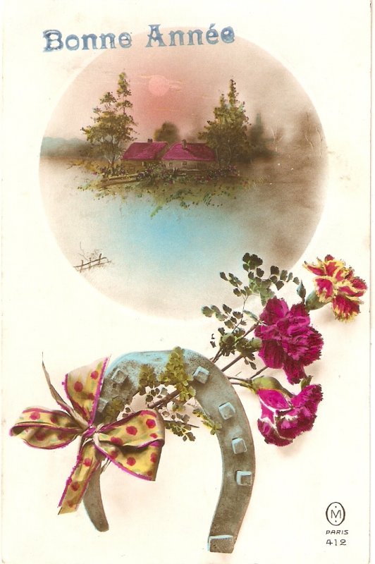 Landscape. flowers. Horseshoe Old vintage French New Yeat Greetings PC