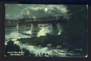 Amsterdam, New York/NY Postcard, Mohawk River Bridge Under Moonlight