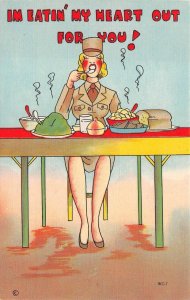WOMAN SOLDIER EATING MY HEART OUT FOR YOU COMIC MILITARY POSTCARD (c. 1940s)