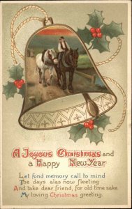 Christmas Man on Horse Bell Border Embossed c1910 Vintage Postcard