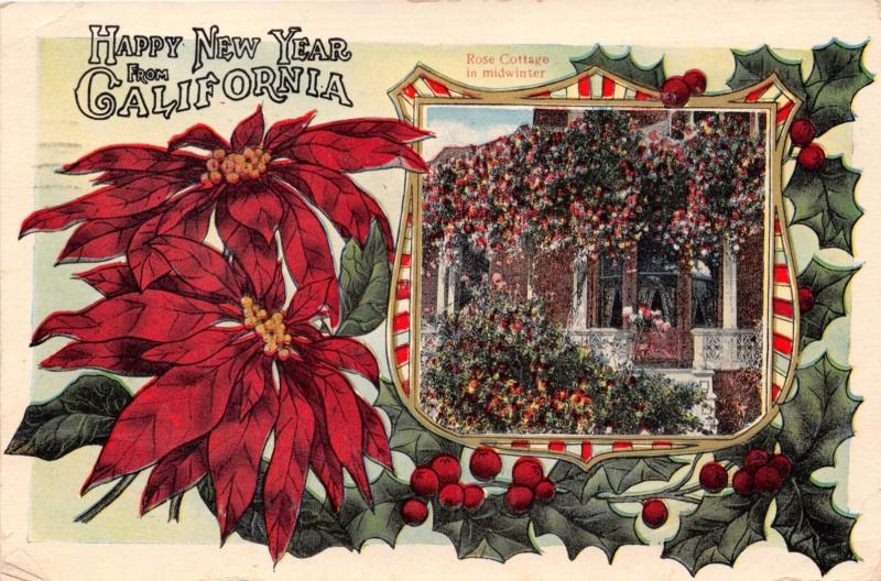 HAPPY NEW YEAR FROM CALIFORNIA~ROSE COTTAGE IN WINTER POSTCARD 1919