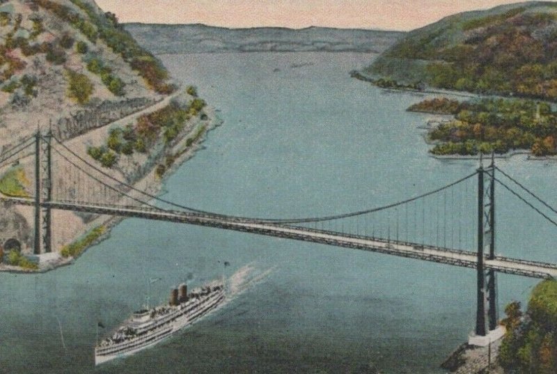 Peekskill NY Hudson River Bridge Bear Mountain Artist View c1920s postcard H193 