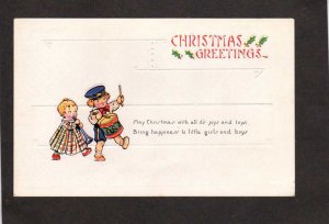 Christmas Greetings Postcard Drummer Boy Drum Flute Girl Poem Toys Vintage PC