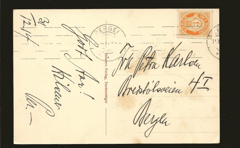 Postmark 1914 Bergen Norway New Year 1915 Postcard