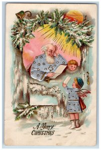 Christmas Postcard Angel Father Time Pine Leaf Winter Scene Embossed c1910's