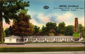 Motel Stratford, Route 1 Richmond VA Vintage Postcard E75